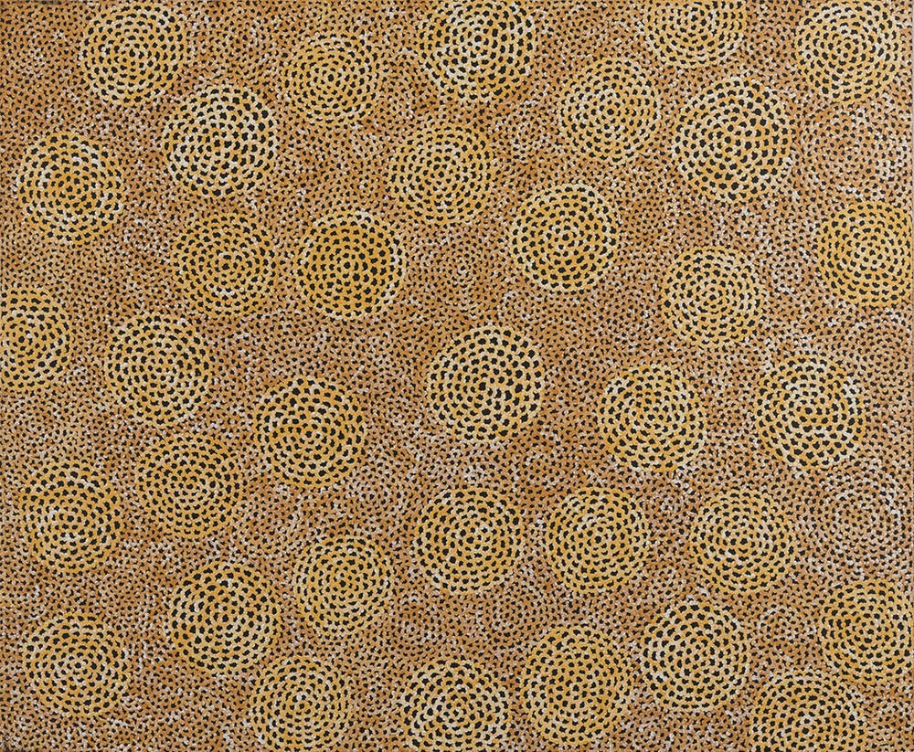 An orange, black, and yellow patterned painting of dreaming sandhills