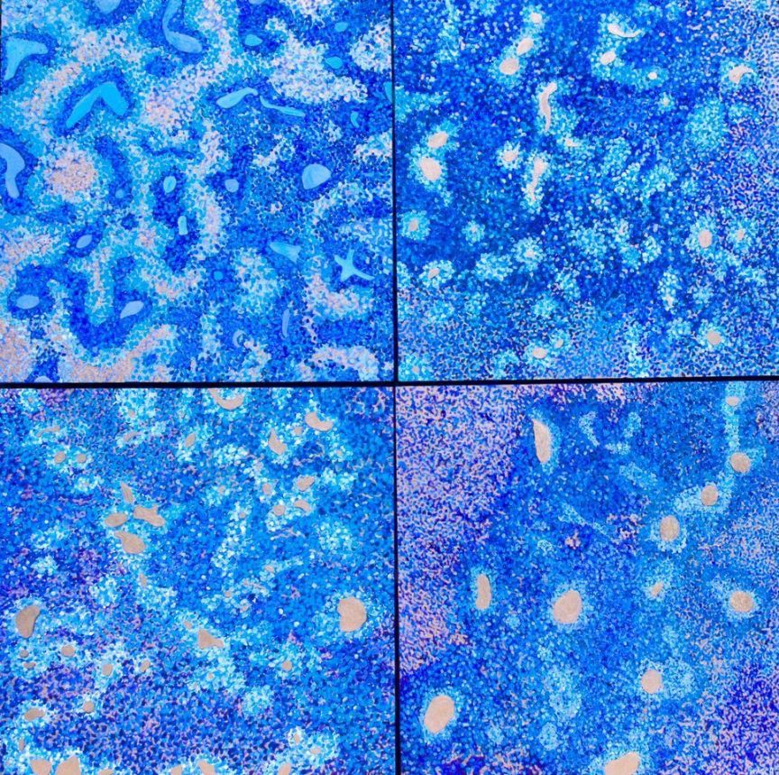 four panels of vibrant blue abstraction