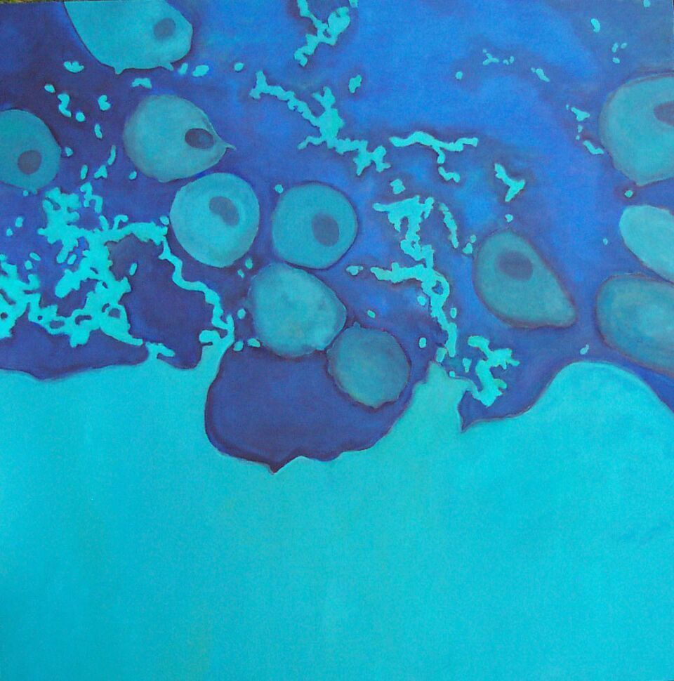 Bright blue amorphous blobs on a blue background