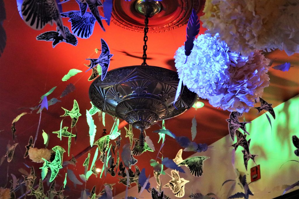Flowers, paper birds and feathers hanging from ceiling around a lamp