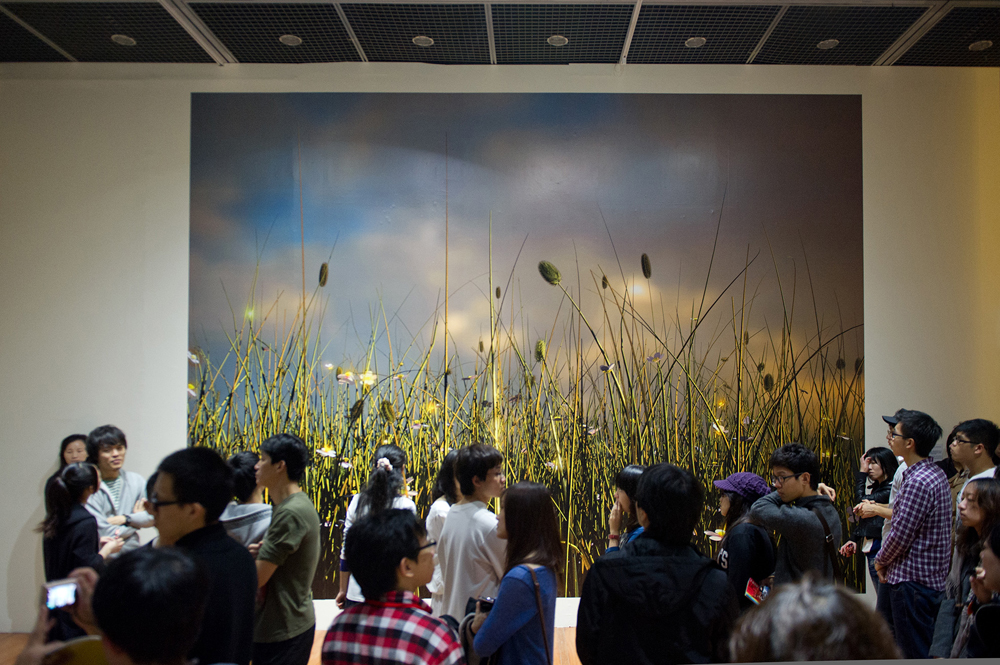 A group of people stare at McCormack's digital print of evolved virtual plants 