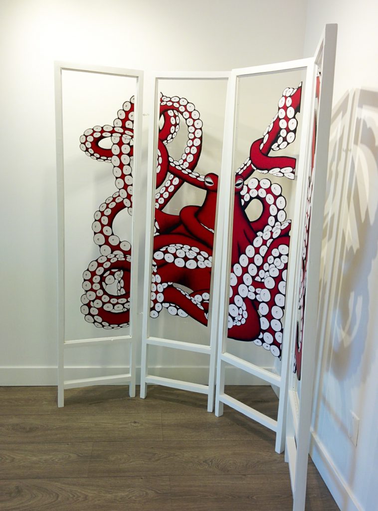 A 3-panel octopus painting by Ilka Bauer