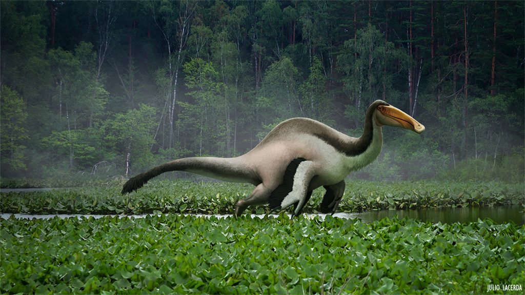 Deinocheirus dinosaur in a shallow creek surrounded by leafy greenery
