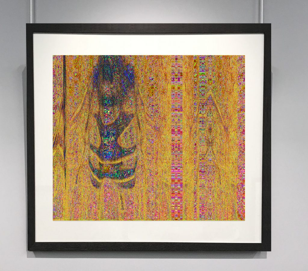 Framed image hanging on a white wall. Enlarged bee on the left. Most of the image is yellow but made up of tiny, pixel-like shapes in shades of yellow, pink, blue, and green. 