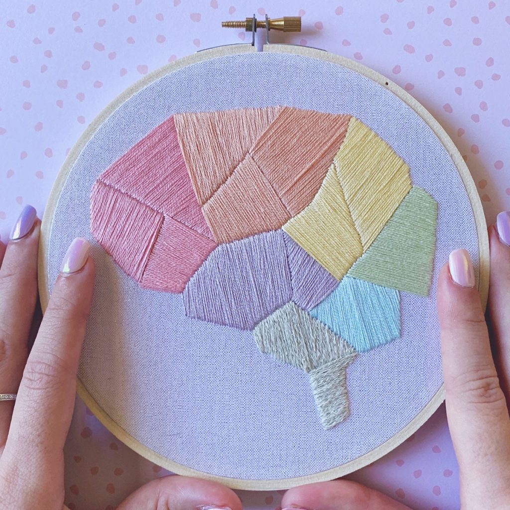 Embroidered geometric brain with the lobes made of different pastel colors. 