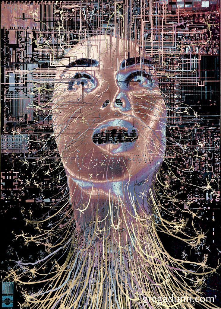 Person's head looking upward with circuit components above their head and thin neurons that look like wires extending from the face and neck. 