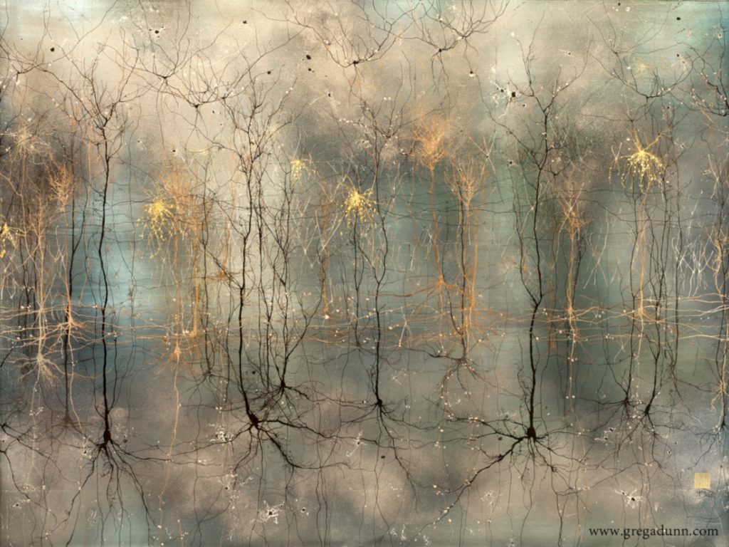 Thin gold and black neurons stand vertically, looking like thin trees without leaves, among a cloudy blue and gray background. 