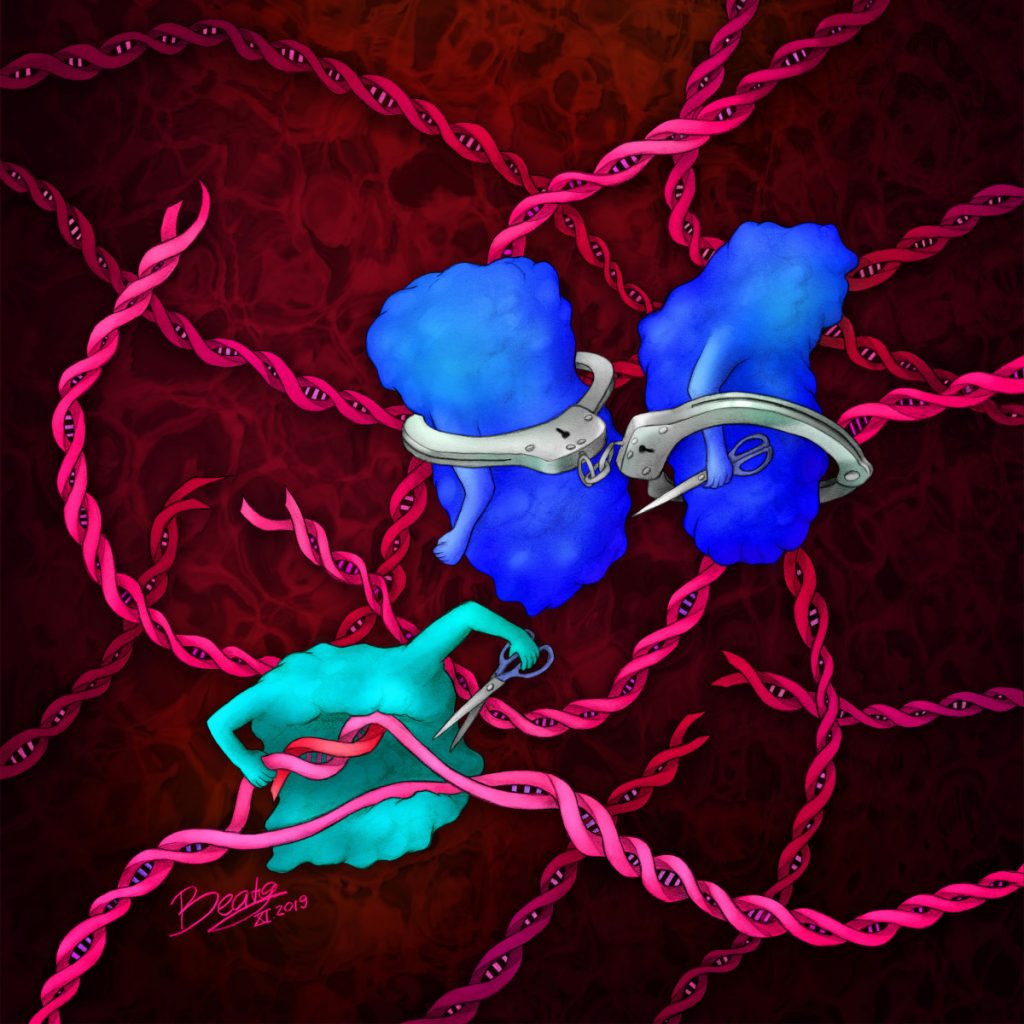 Within a tangle of pink DNA strands are two blue proteins in handcuffs and a turquoise protein unwinding a DNA strand and holding scissors to it. 