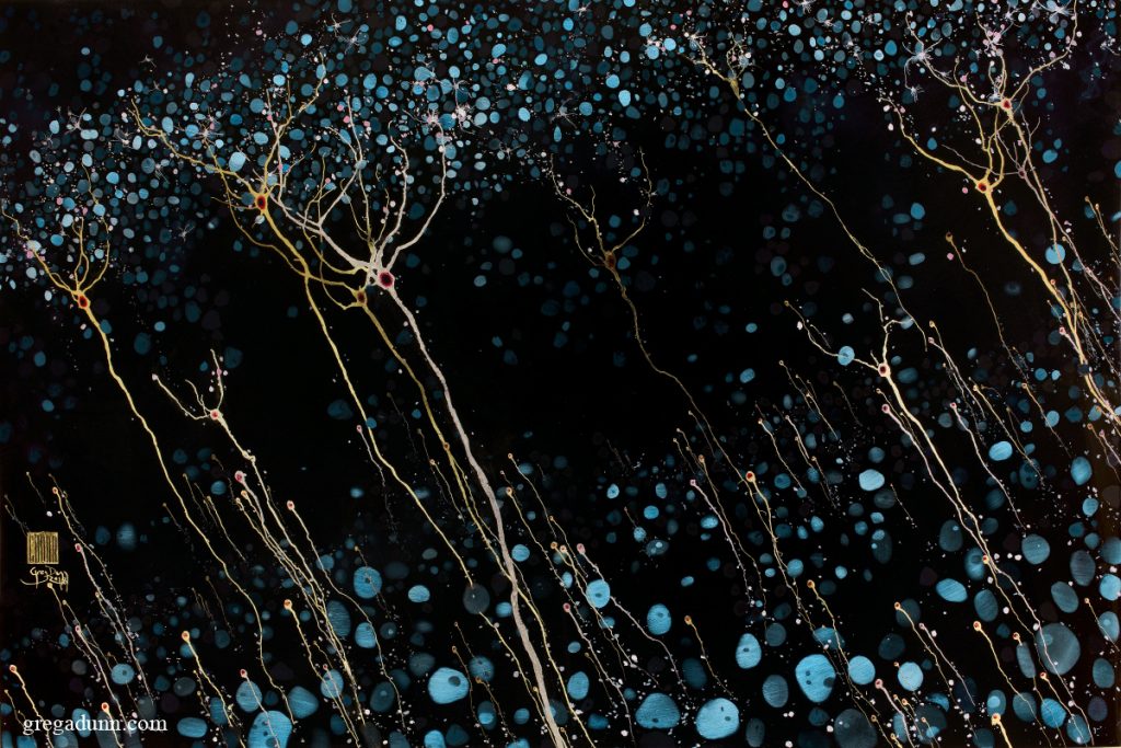 Among a black background are two layers of light blue irregular ovals. Connecting these two layers are thin golden neurons that look like thin branching trees. 