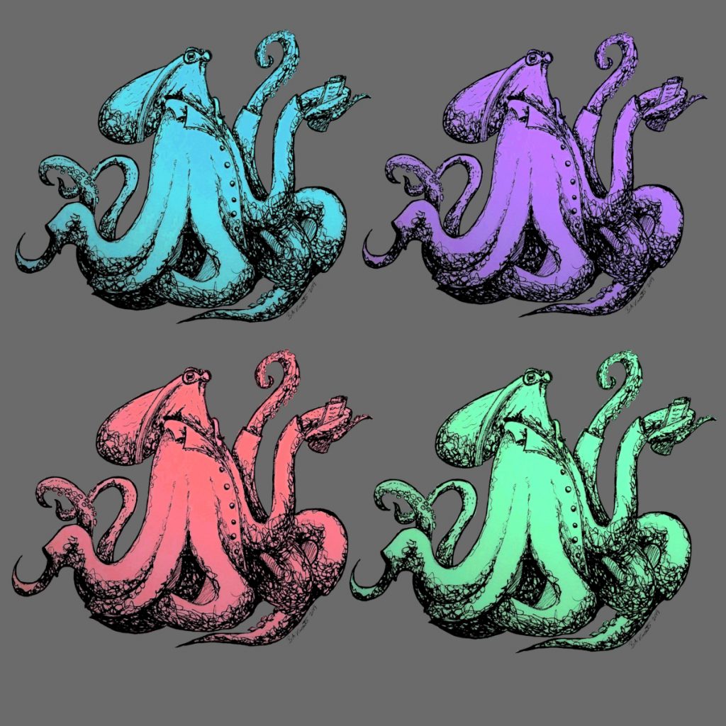 Pop art print featuring four panels of an octopus wearing goggles and a lab coat and holding a paper. Each panel is identical, but the octopus is a different color in each.