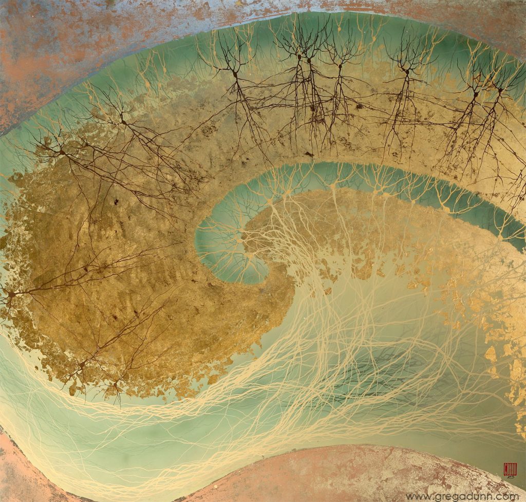 Classic hippocampus swirled shape in light teal and gold. Within the swirl are thinly branching gold and black neurons. 