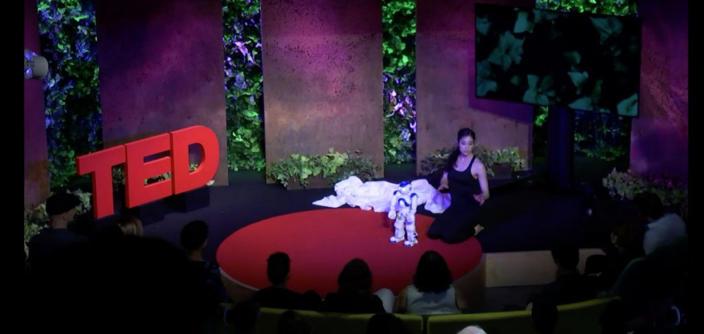 Catie kneeling with a small robot on the TED talk stage. 