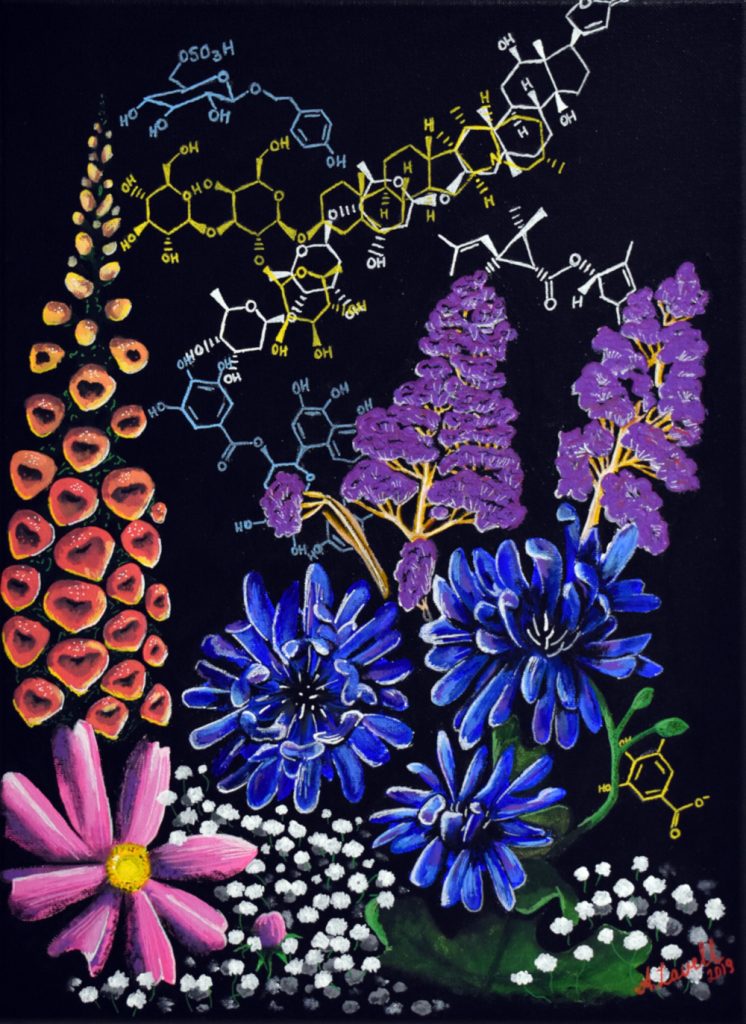 Colorful painting of flowers and chemical structures