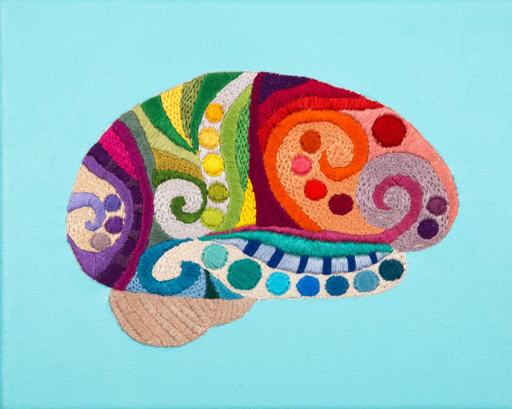 Brain viewed from the side and embroidered with different colors and patterns. 