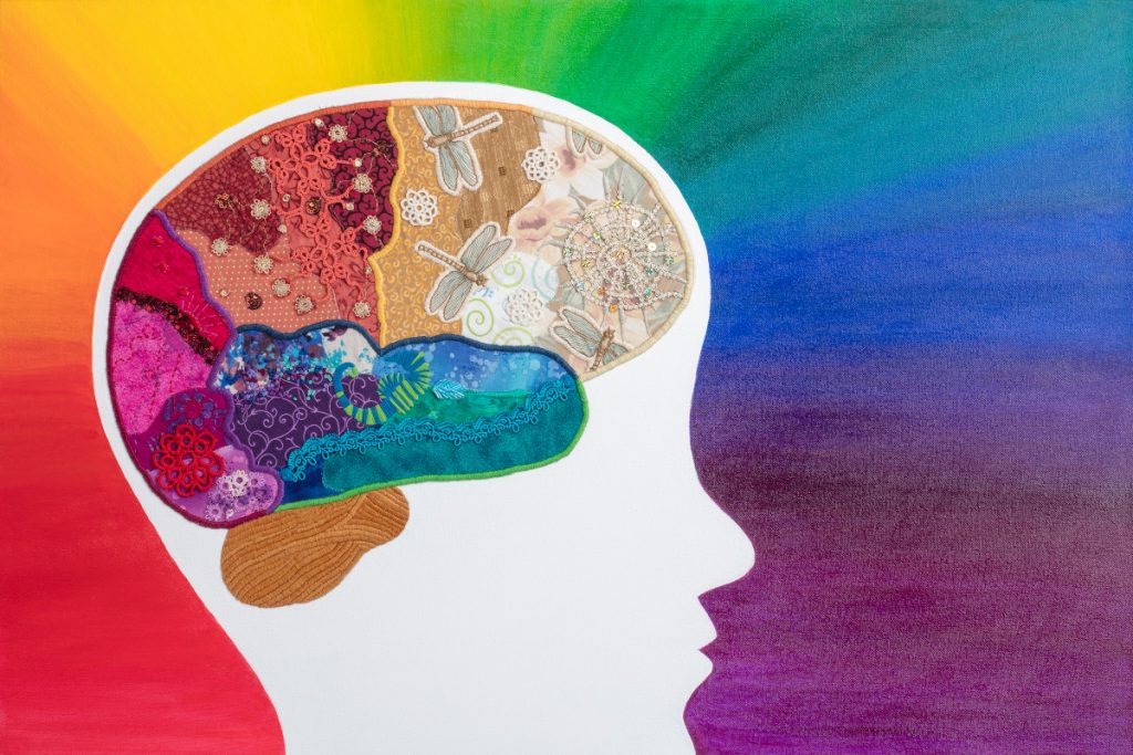 Colorful brain made of different fabrics and materials within a white silhouette of a head. The background is rainbow colors. 