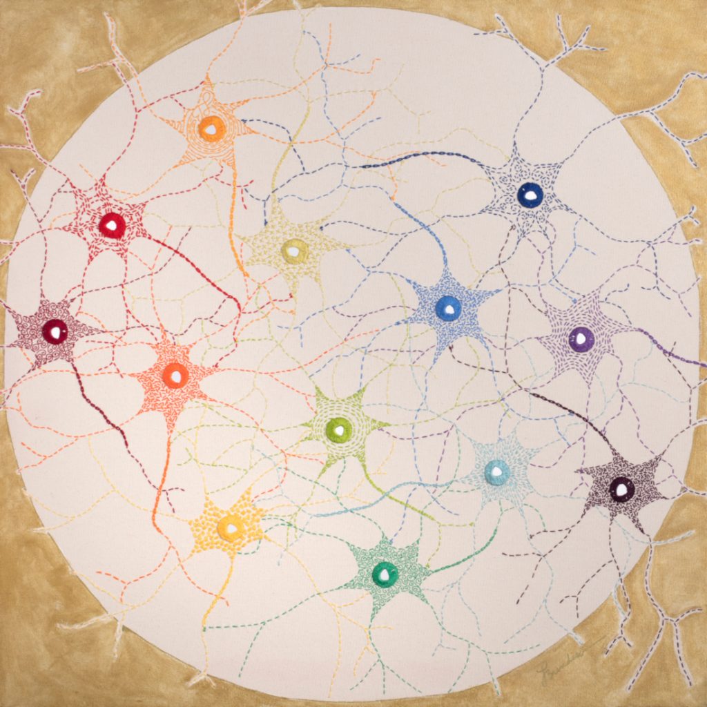 Neurons of different colors entangled with one another. 
