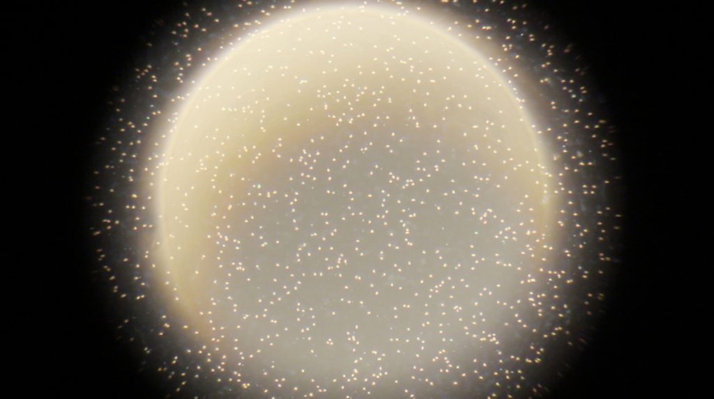 Video still of a glowing orb emitting light and sparkles. 