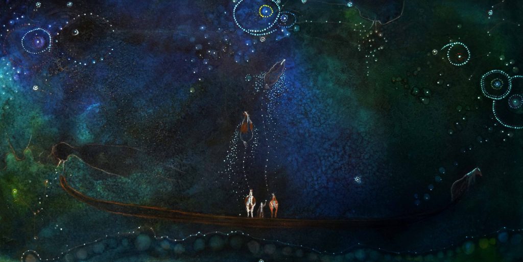 Small person standing between to small horses beneath a night sky. The horses' spirits seem to be joining the stars in the night sky. 