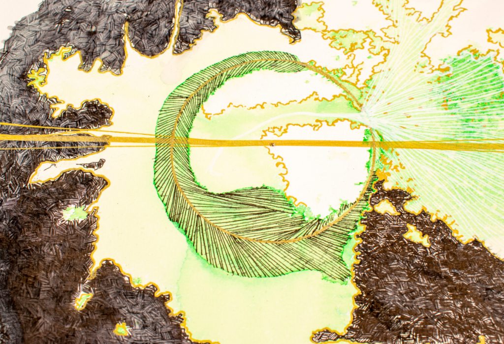 Brown and white crosshatching surrounding a green feather-like circle.