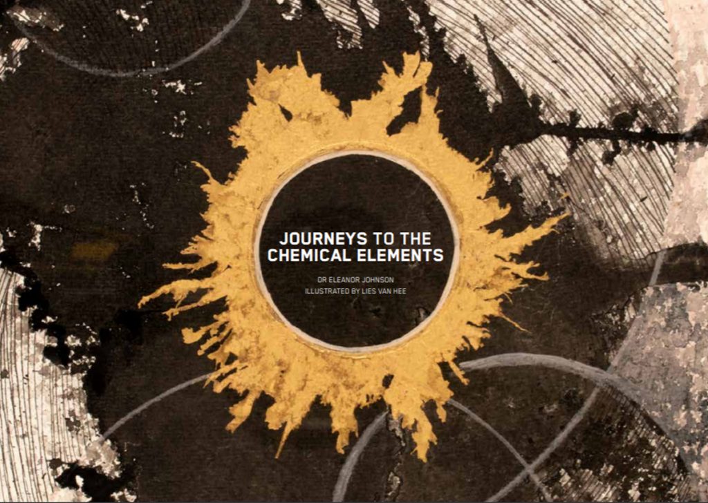 Swathe of black watercolour with sun-like golden circle at the center. The book title "Journeys to the Chemical Elements" is written in the middle.