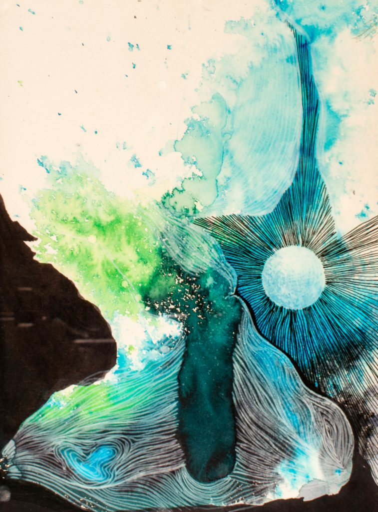 Swirling blue and green areas with many bold black lines swirling outward.