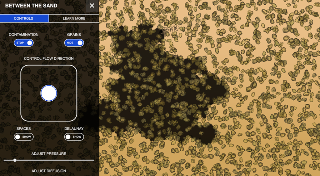 Screenshot of user interface panel on the web version of Between the Sand. All the controls are on the left and you can see a dark contamination pattern between the sand grains.