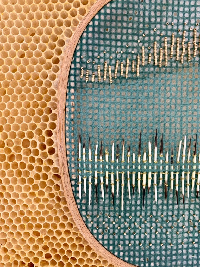 Rounded embroidery hoop with two stripes of porcupine quills on a turquoise surface. The hoop is embedded in honeycomb. 