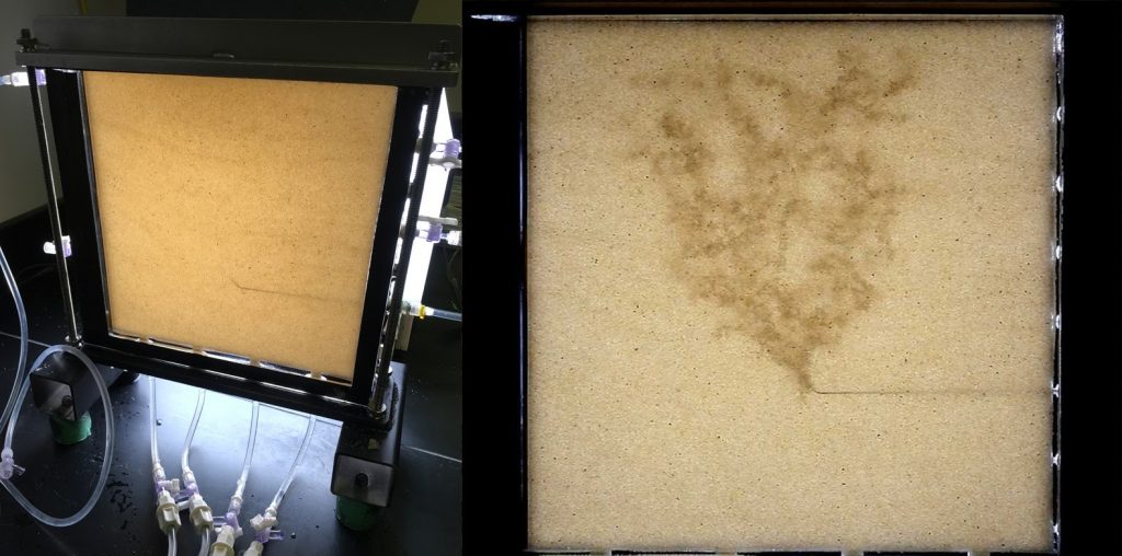 Sand column used in Van De Ven's experiments on left. Image of branching pattern from gas in the sand column on right. 