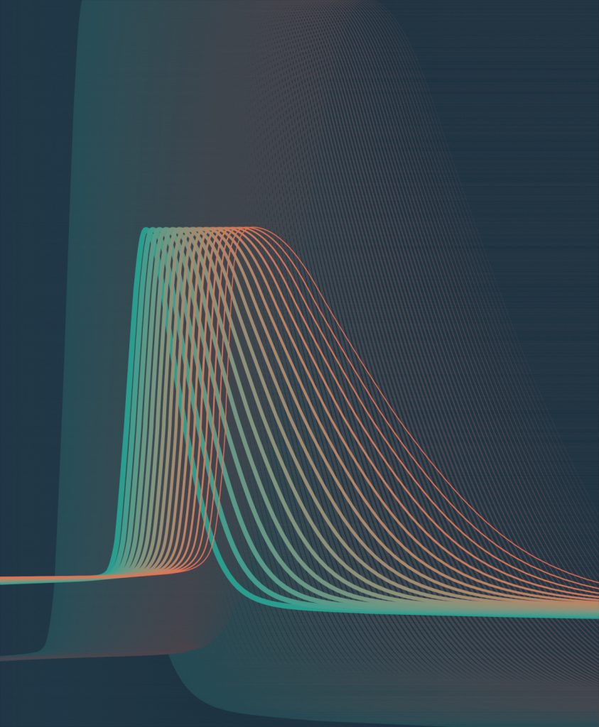 Lines of green fading into orange then back to green rise in parallel to form a spike then drop back down