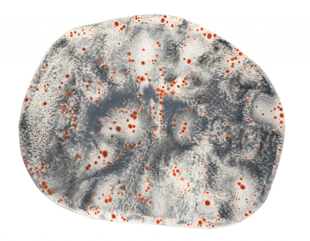 Drawing of a rock with small orange dots of lichen. 