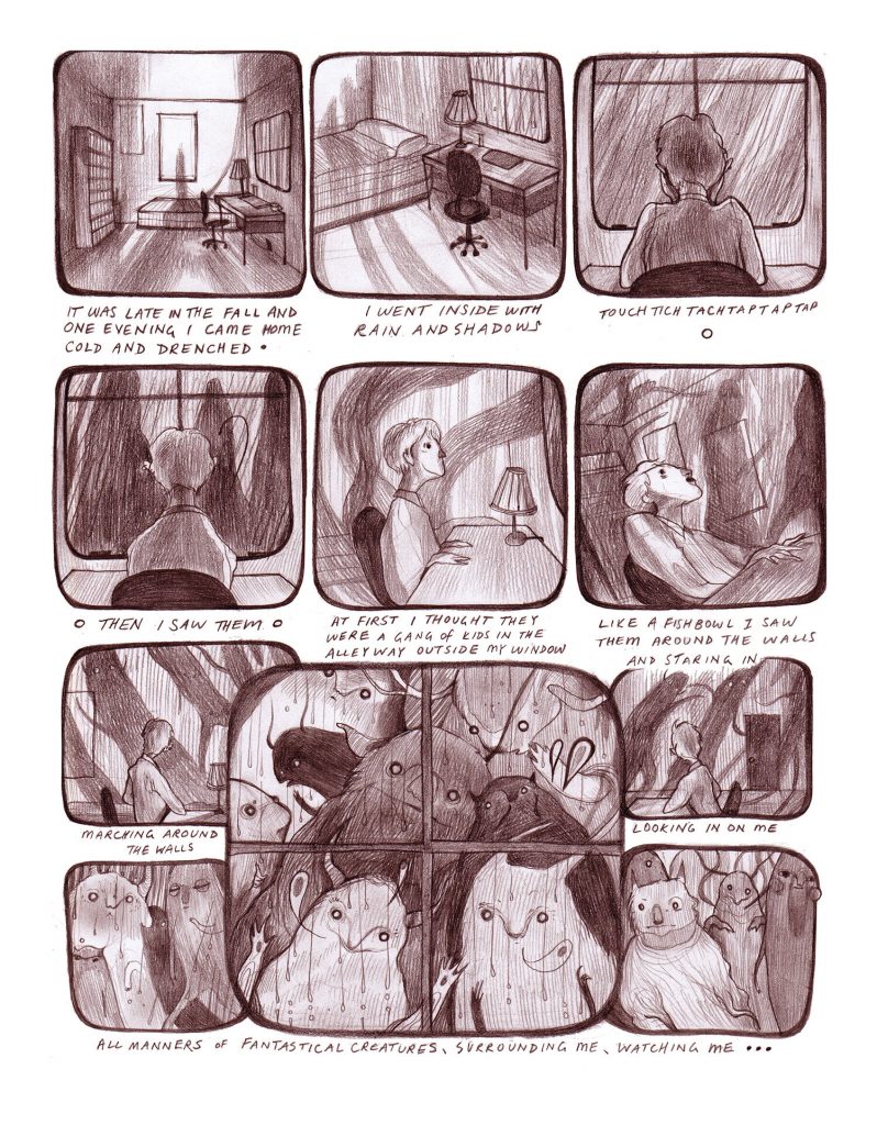 A room with a view (2014) by Sarah Crawley. A comic style representation of seeing fantastical creatures with a theme- A room with a view.  