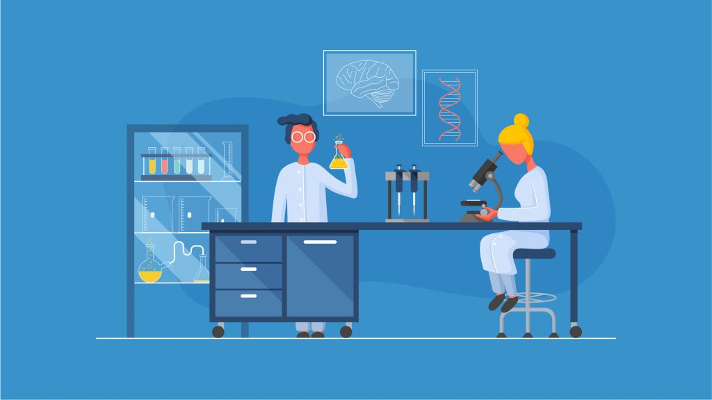 Animation 2D By Avesta Rastan. the images shows two people working in a bio lab. 