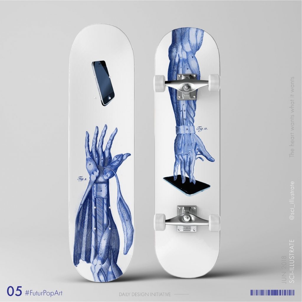 Futurpopart (2018) by Dr Radhika Patnala. A hand muscle image on skateboard reaching out for a mobile phone. 