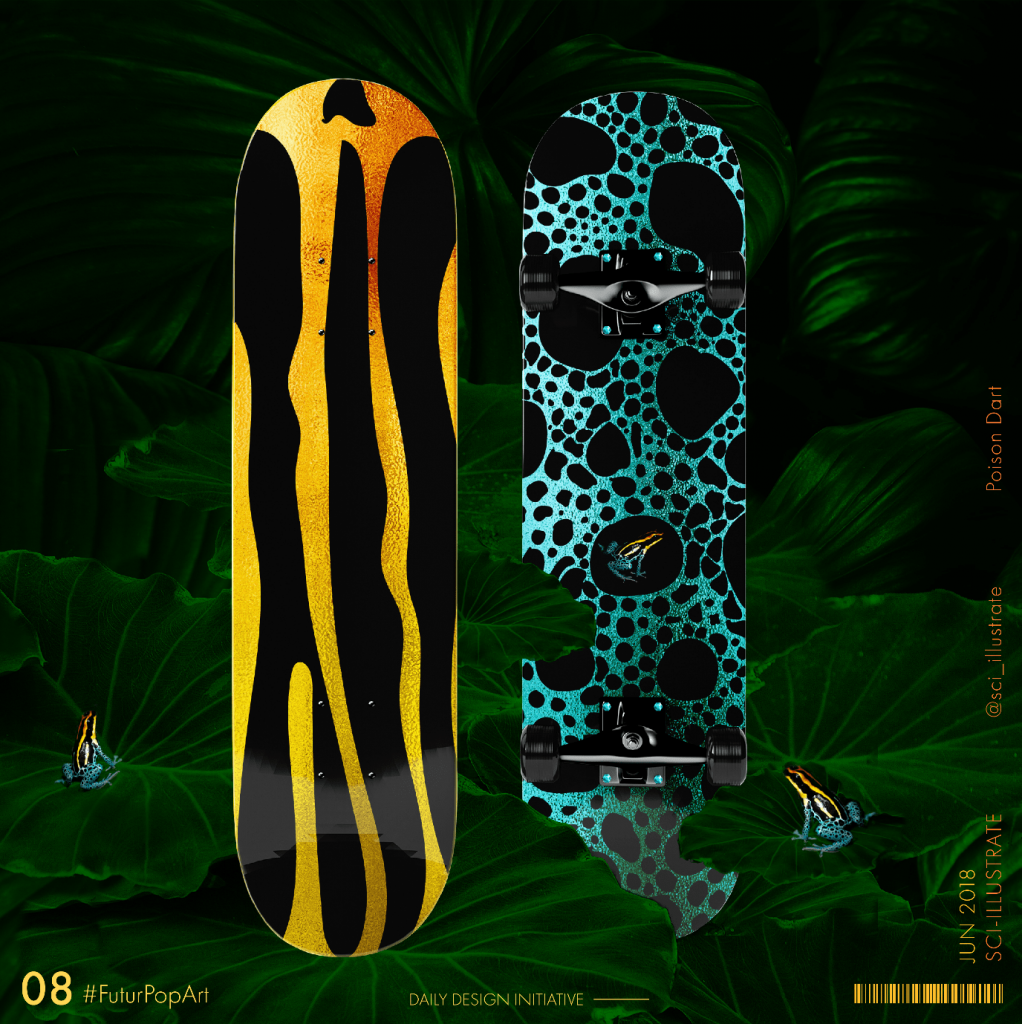 Futurpopart (2018) by Dr. Radhika Patnala. A image on poison dart on a skateboard. 