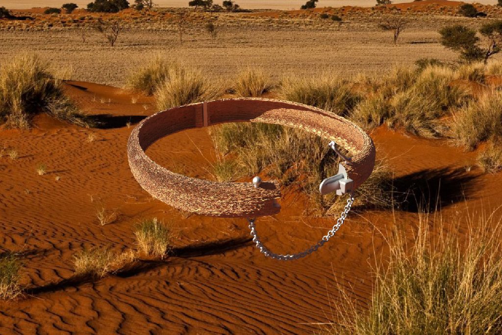 A belt-like object floating above a grassland scene. 