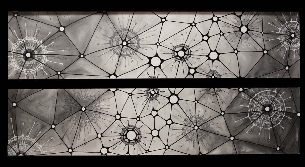 Painting Neuronal by Avesta Rastan. A painting of neurons in shades of black, grey and white. 