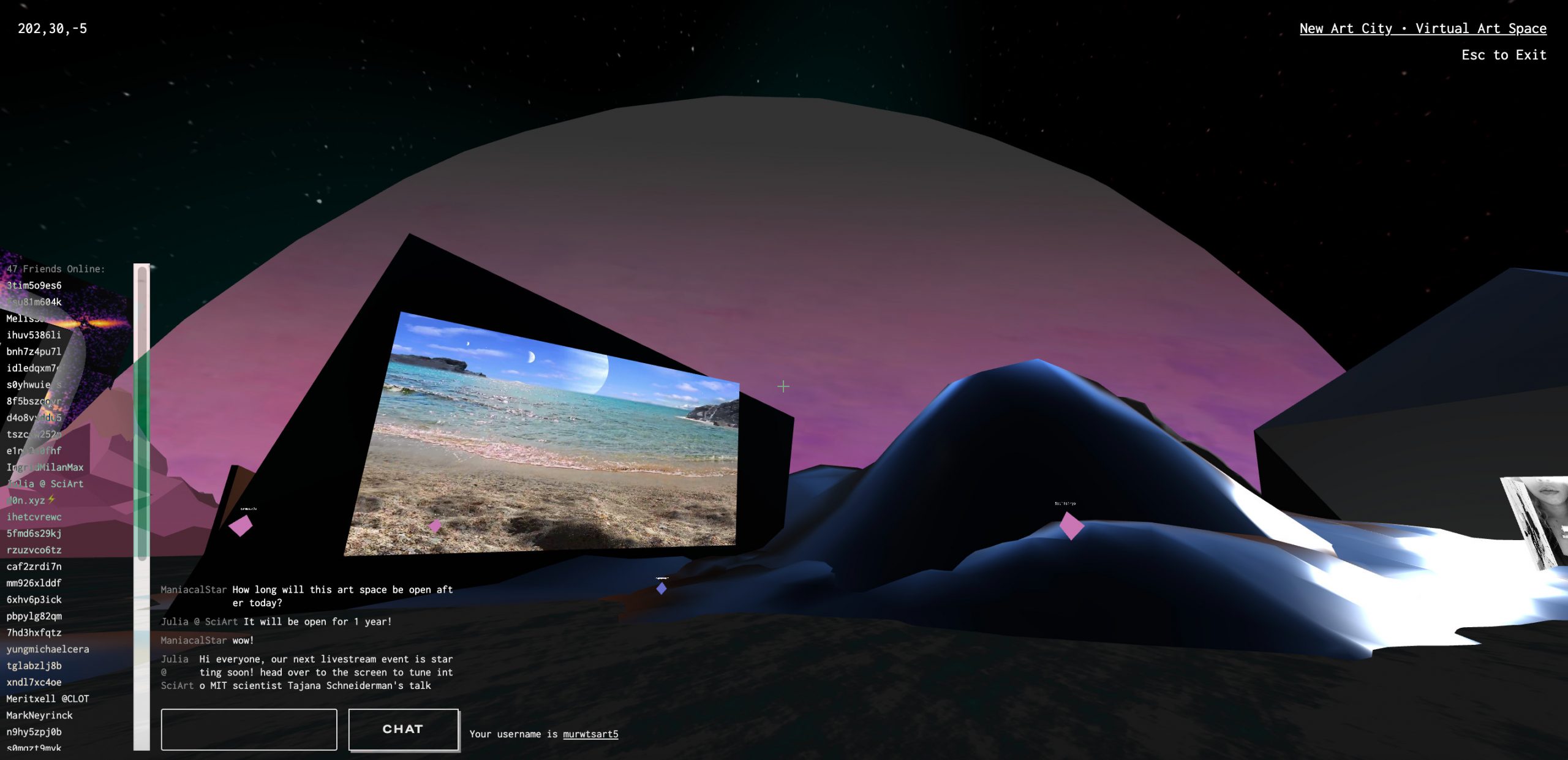 Dark series of hills next to a large screen showing the shore of an ocean. Behind them is the top of a large pink planet.