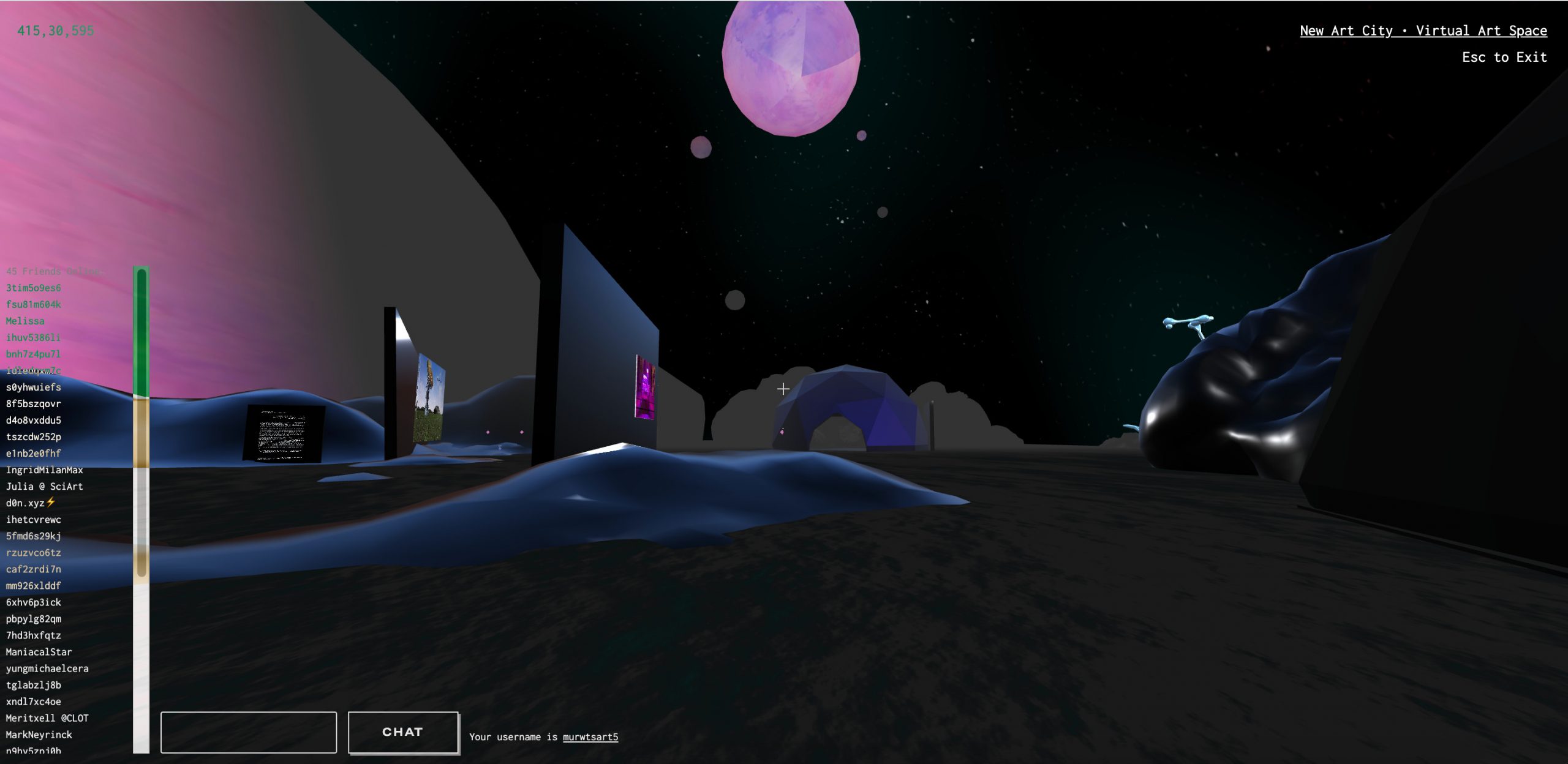A dark landscape with a portion of a large pink planet to the left on the horizon, smaller pink planets in the sky, and glossy black rock structures. Two black walls and a dome sit in the landscape.