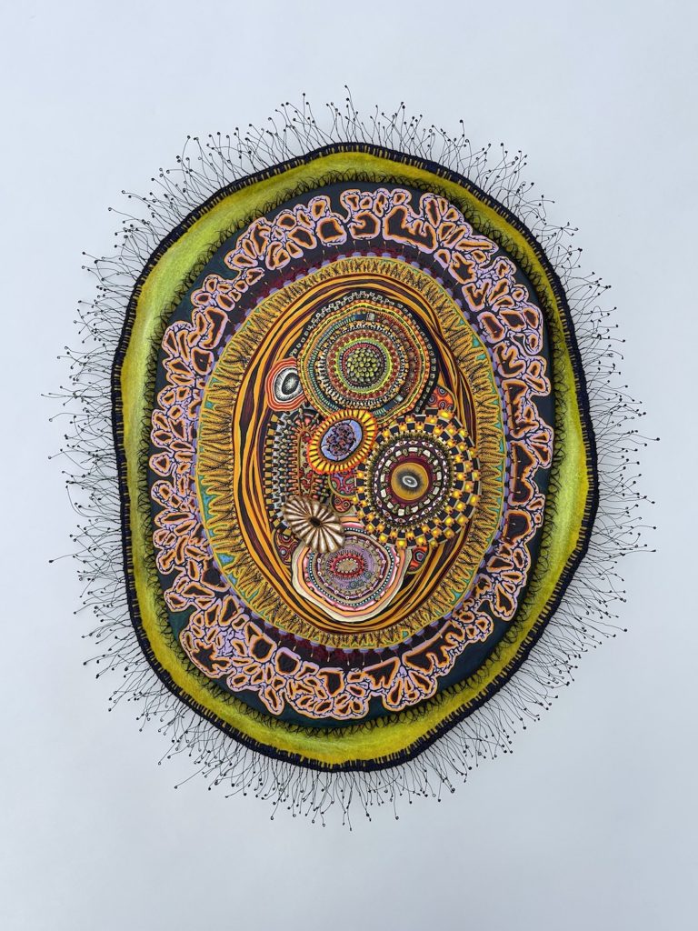A Small Swath (2021) by Amie Esslinger. A single large oval cellular body, consisting of membranous layers and smaller ovoid shapes resembling organelles. The outer edge of the cellular body has hair-like threads extending outward all along the perimeter. Going inwards, the first membranous layer is green-yellow, followed by a patterned layer of pink, orange, black and dark blue - it also has shorter lash-like threads extending outward. The next layer is composed of multiple thick yellow cilia-like shapes, also extending outward, on a bed of bright green. Layered oval shapes build up towards the centre where multiple organelle-like oval shapes are arranged. Each are patterned and coloured differently.