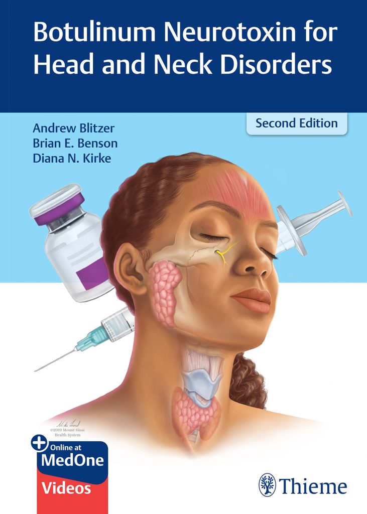 Cover of the textbook "Botulinum Neurotoxin for Head and Neck Disorders, Second Edition." The cover shows an illustration of a woman from the neck up, with some translucent areas of her head and neck revealing the muscles, bones, and other tissue beneath the skin. Behind her are illustrations of a syringe and bottle. 