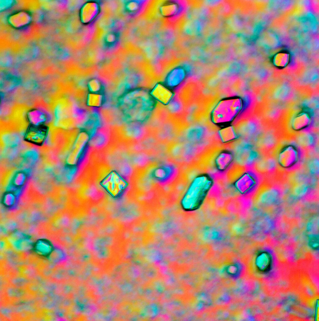 Bright geometric shapes in pink, yellow, blue, and green. Most are blurred in the background, but a few are sharp and in focus. It looks like brightly colored sprinkles. 