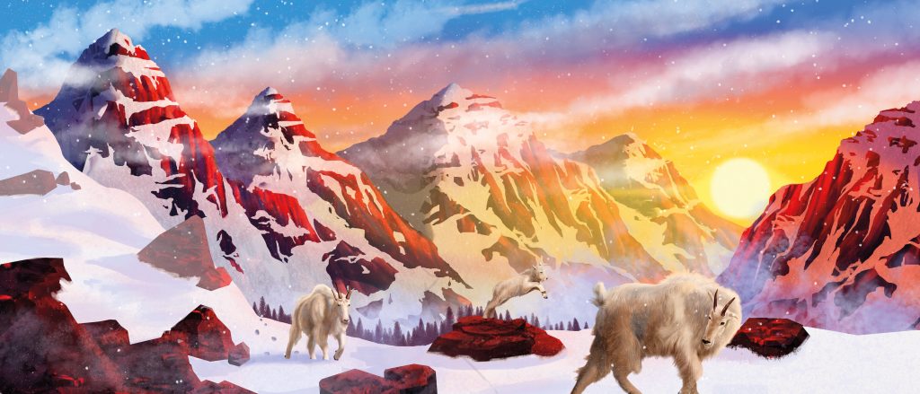 Rocky mountain goats illustration (2020) made by Tiffany Fung. A digital illustration of mountain goats in the snowy mountains .