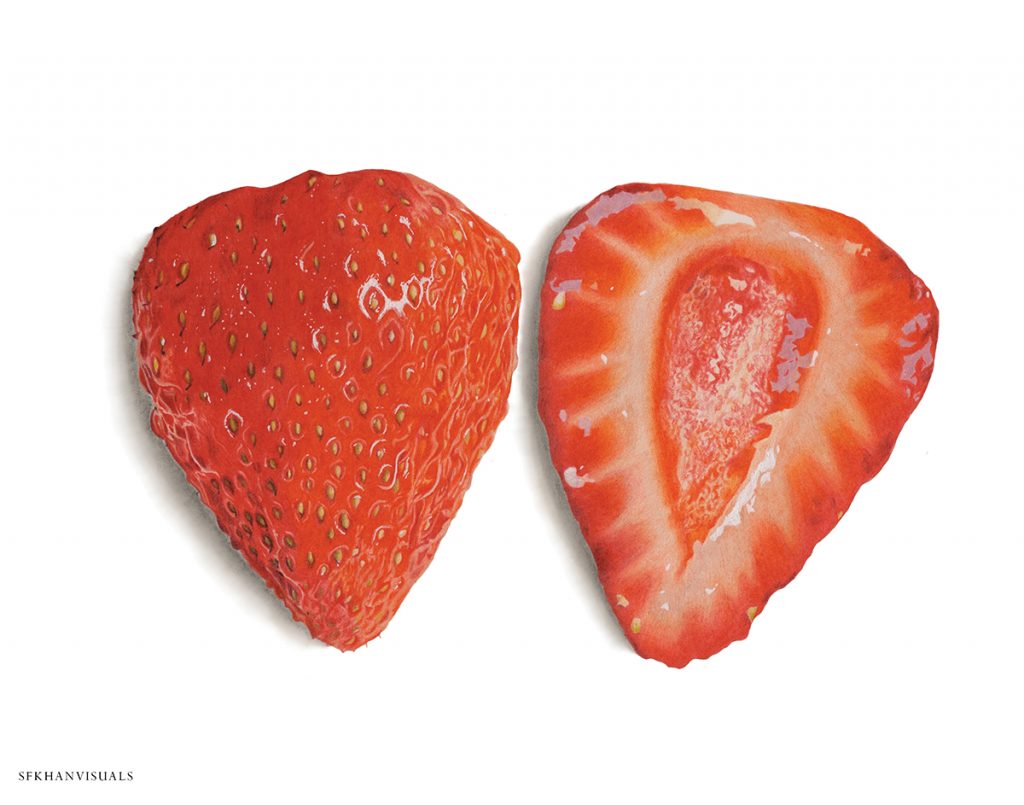 Hyperrealistic illustration of a strawberry cut in half