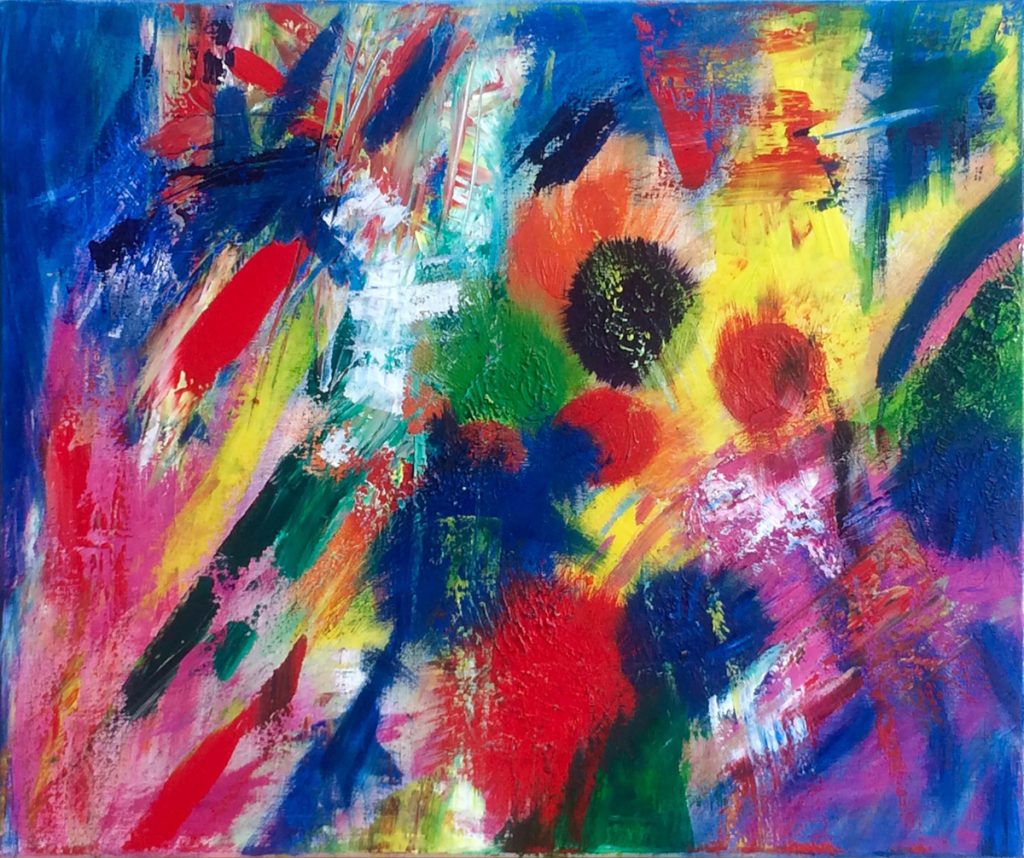 Brushstrokes and different shapes, like circles and abstract shapes, of different colors overlapping. They are in bold blue, red, pink, yellow, orange, and green. 