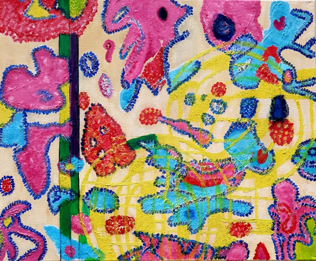 Colorful abstract shapes of cyan, pink, and red, which are all outlined with tiny dots of dark blue. Some yellow rings with shapes inside are also on the canvas. 