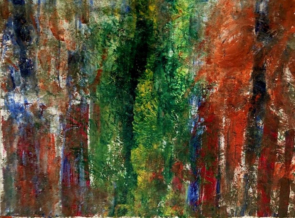 Streaks of dark green, orange, blue, and red run vertically across the canvas. It looks like the oils have been sponged on, leaving a splotchy texture. 