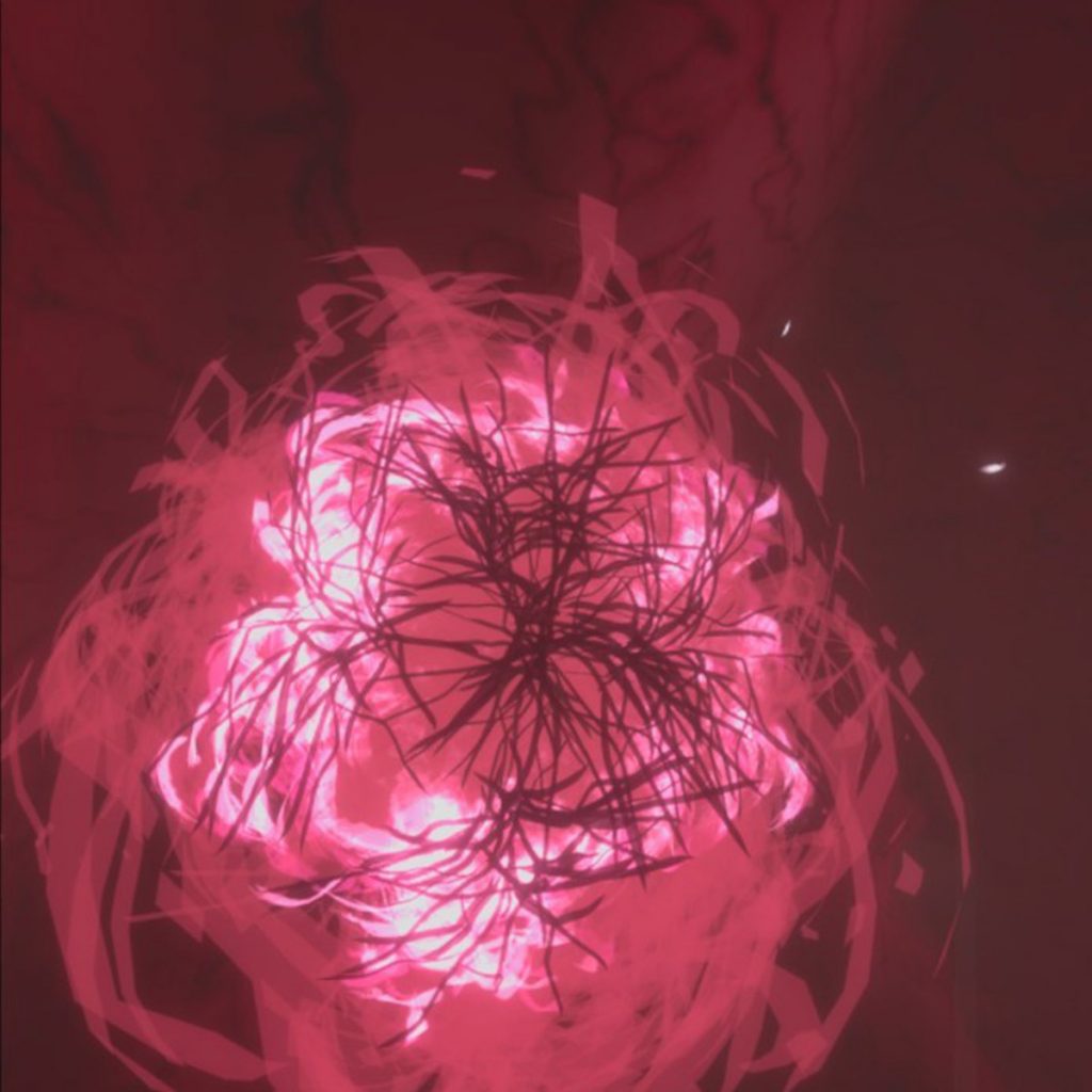 A glowing pink organic-looking ball composed of thin strands sits against a darker pink background