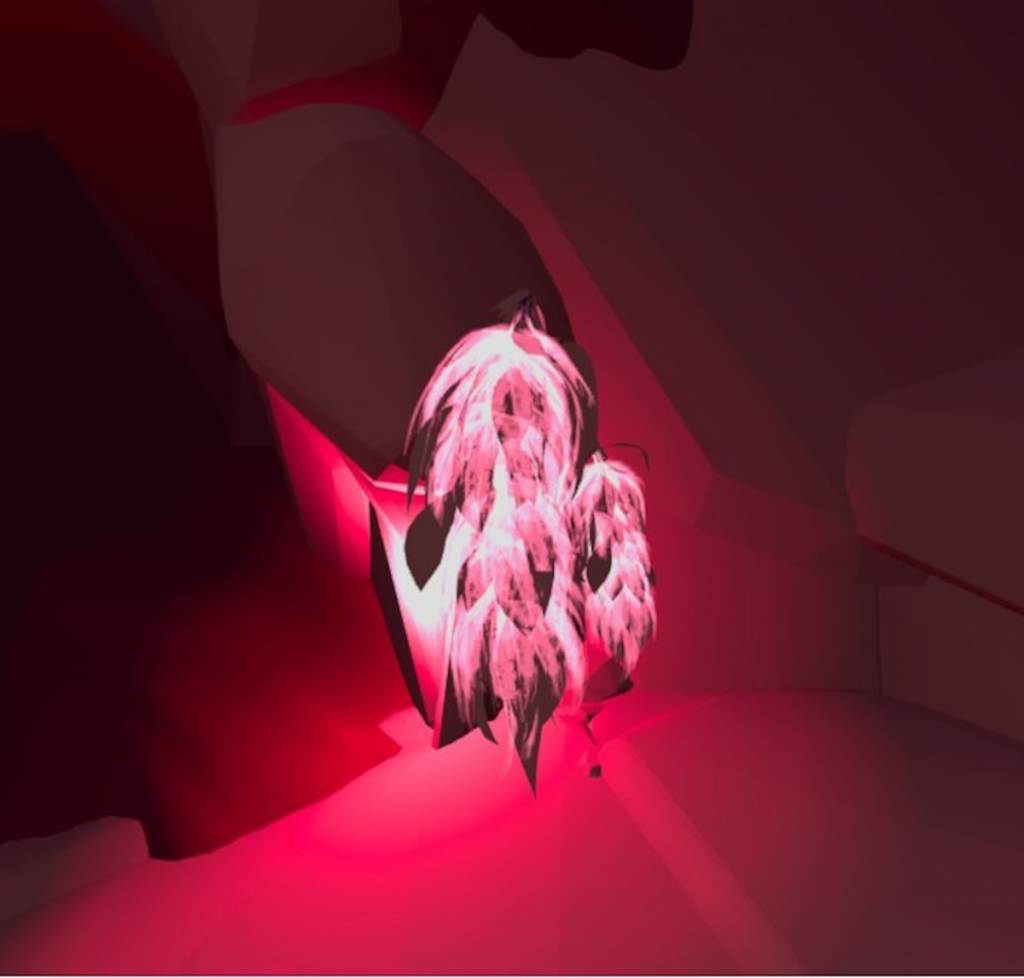 A pink glowing organic shape composed of draping leaf-life parts sits in a darker pink and red background