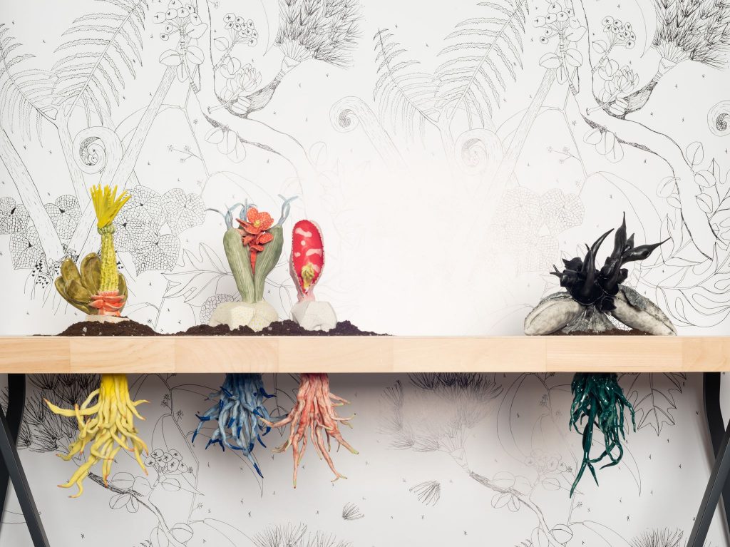 Four colorful sculptures of fictitious plants sit on a wooden table with their equally bright roots below. Behind them is a panel of black and white illustrated plants.