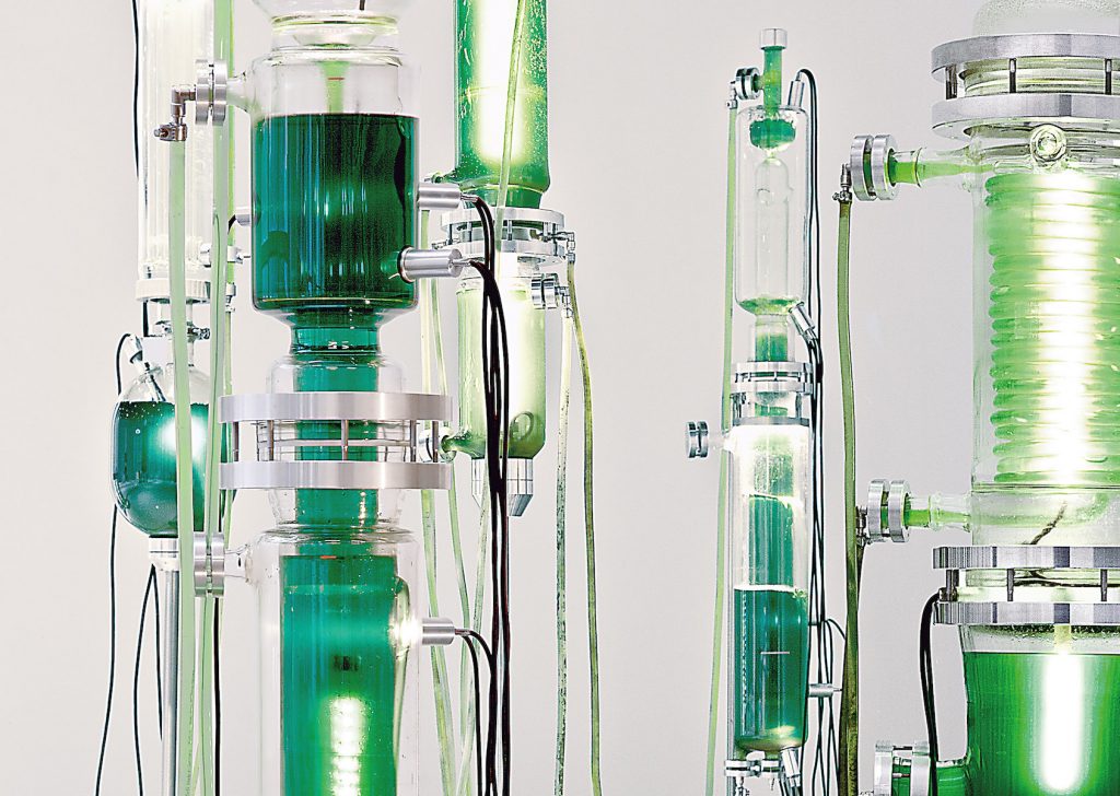 Stacked chemistry-like glassware, connected with tubes, containing different shades of bright green liquid.